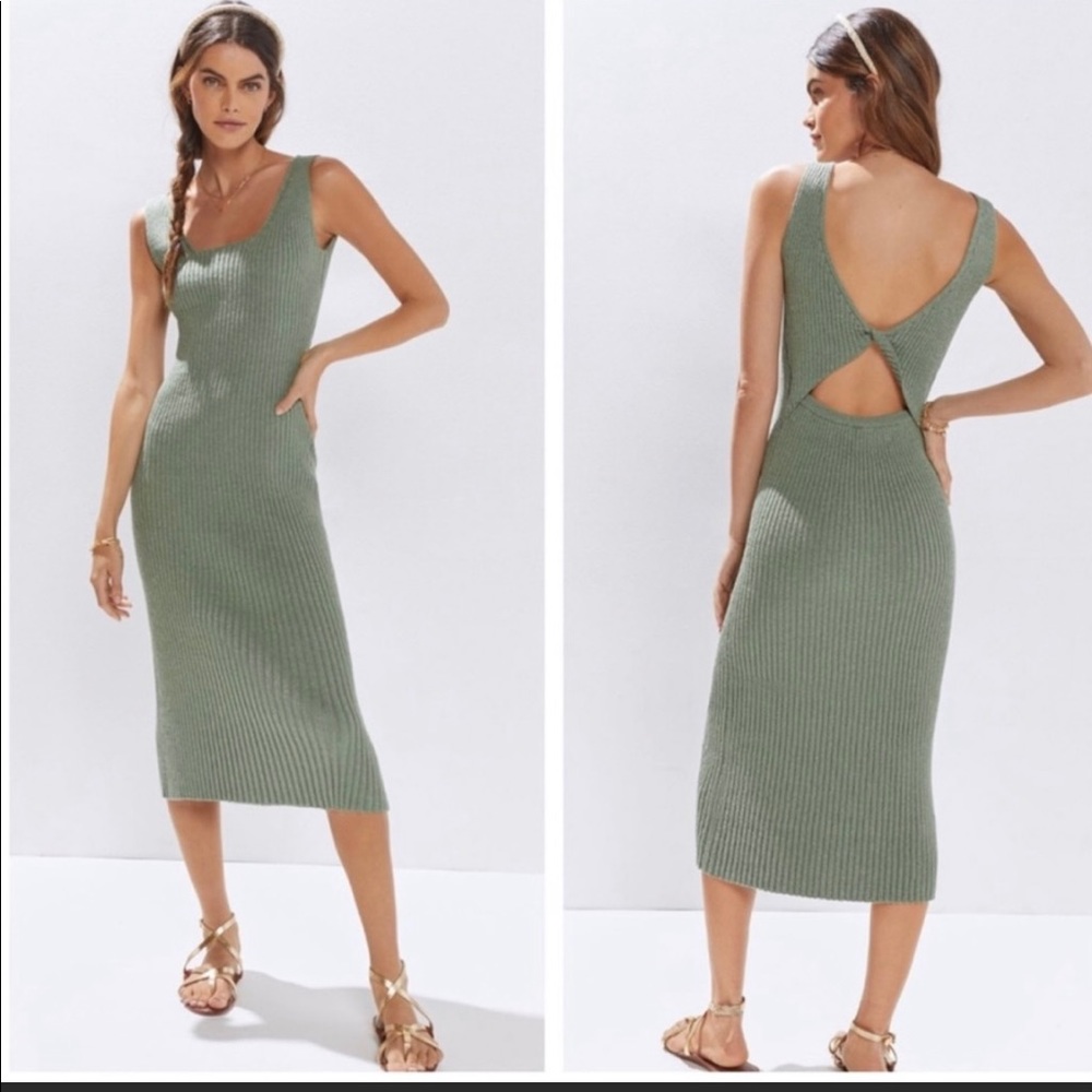 Anthropologie Amadi Moss Green Ribbed Knit Cut Out Midi Dress